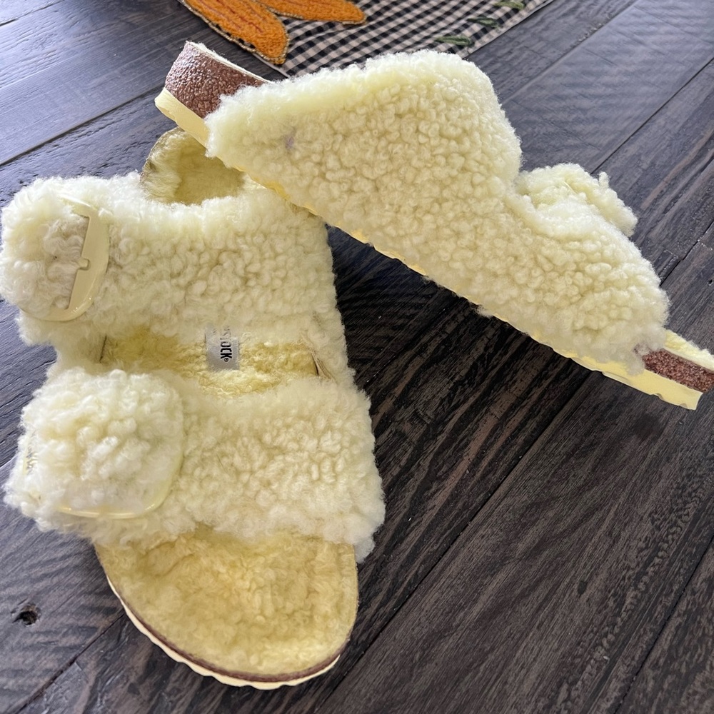 Birkenstock Arizona Big Buckle Teddy Popcorn/Yellow Shearling Sandal Slides 42